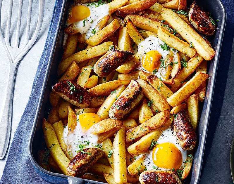 Sausage, chips and dippy egg bake Slimming World