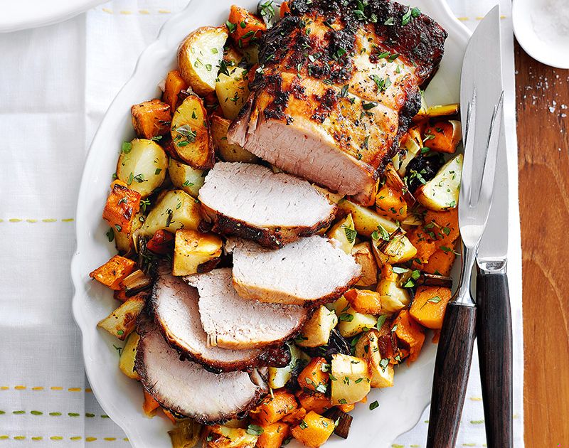 Roast lemon and mustard pork with one-pan vegetables | Slimming World