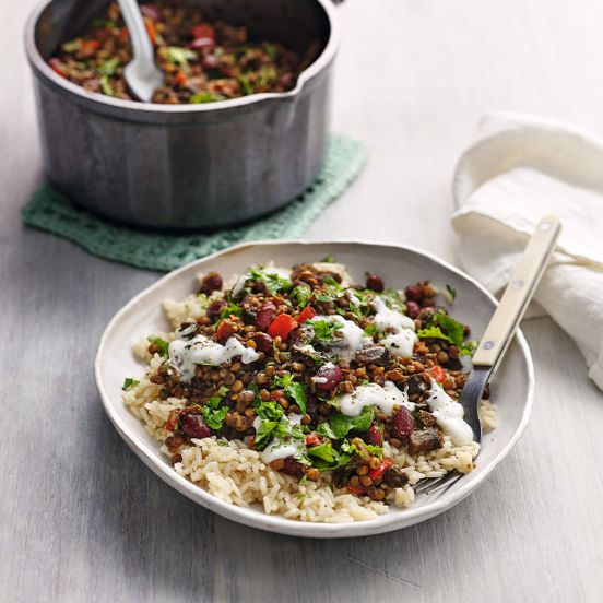 Veggie lentil chilli with rice