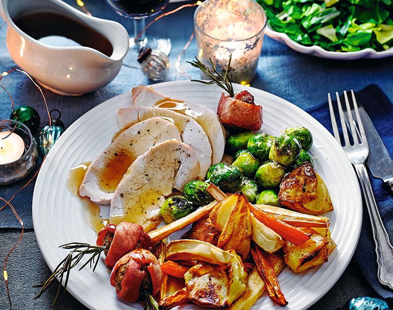 Turkey with roasted roots, stuffing parcels and Parmesan sprouts ...