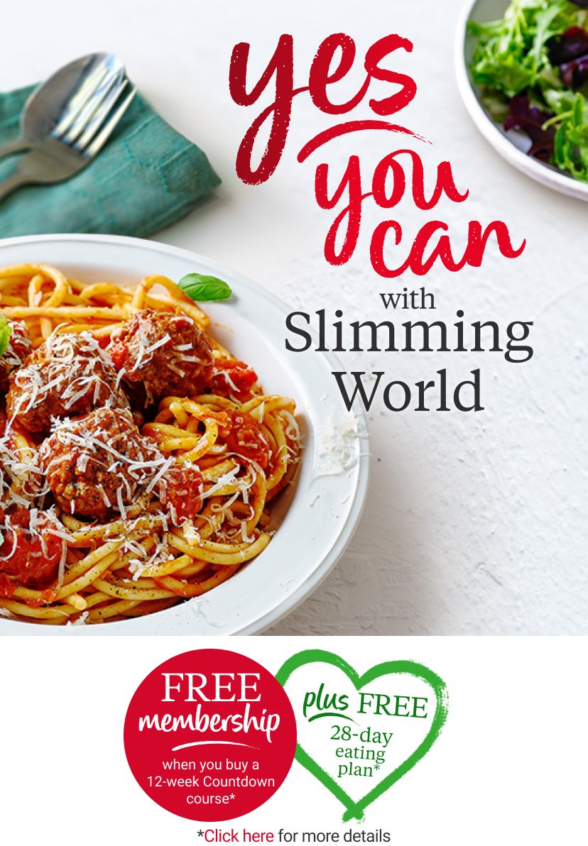 A bowl of meatballs on a bed of spaghetti bolognese and a title of yes you can with Slimming World with two promotional offers