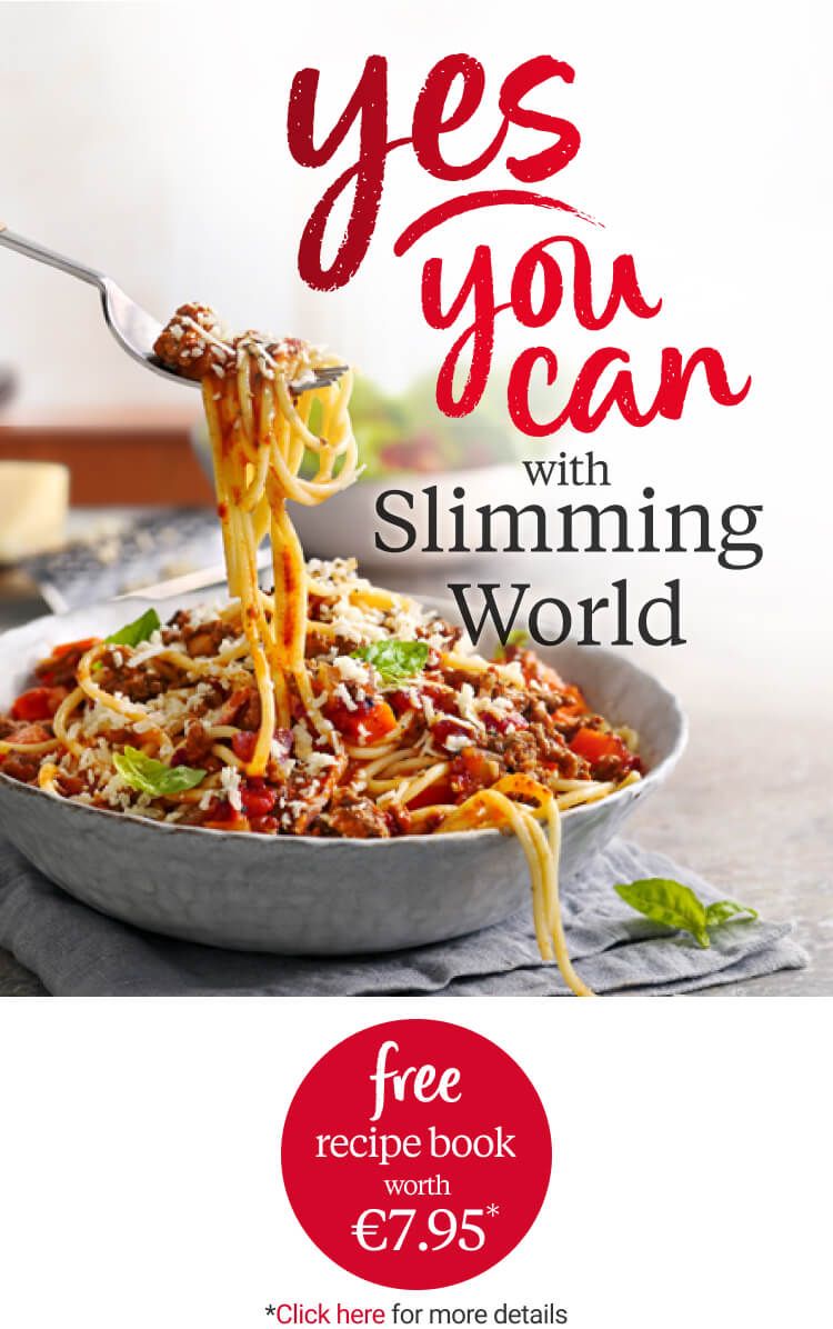 A bowl of spaghetti bolognaise with a title of yes you can with Slimming World and a promotional offer, described below.