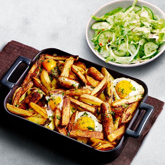 Sausage, chips and dippy egg bake