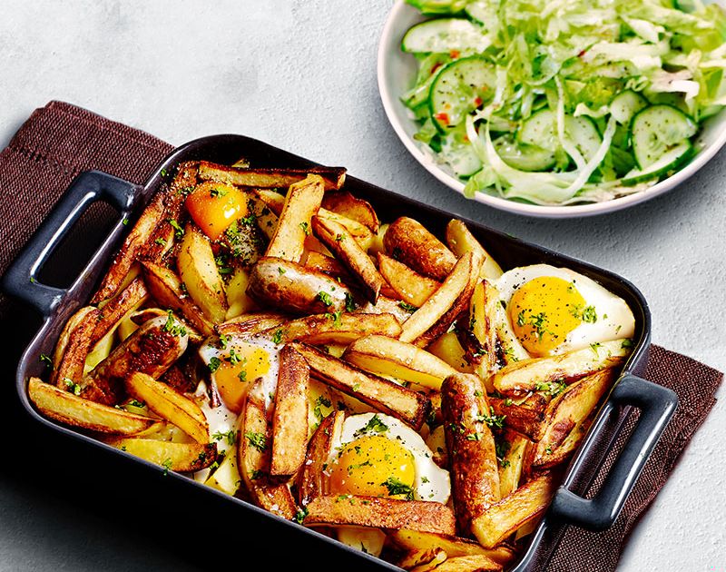 Sausage, chips and dippy egg bake Slimming World