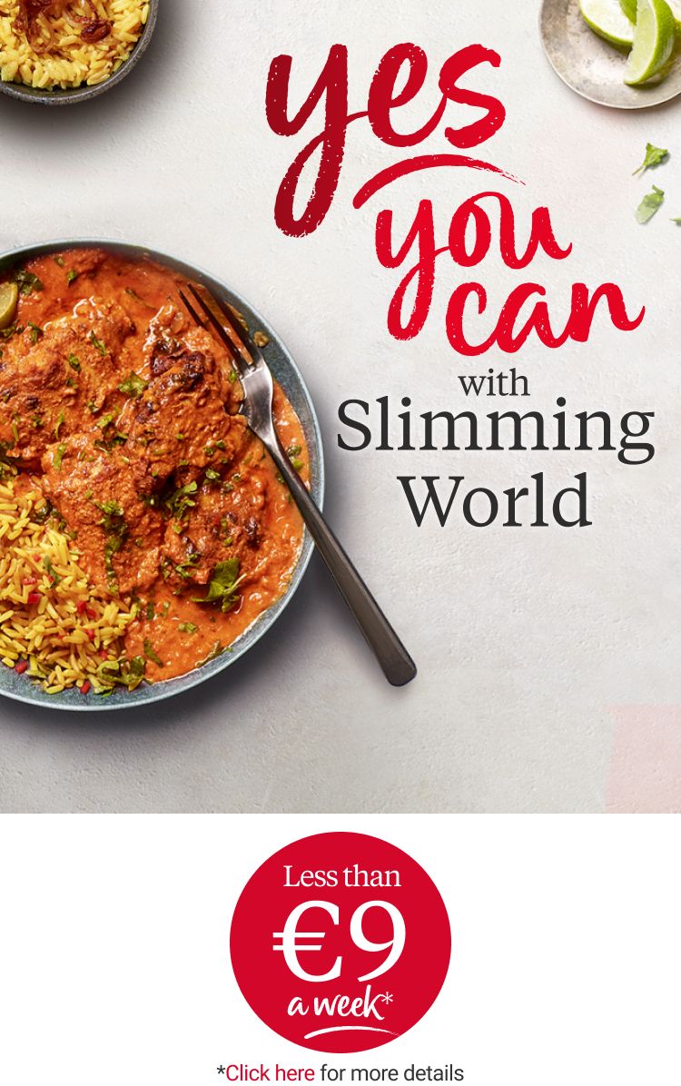 A bowl of chicken tikka masala, with a title of yes you can with Slimming World.