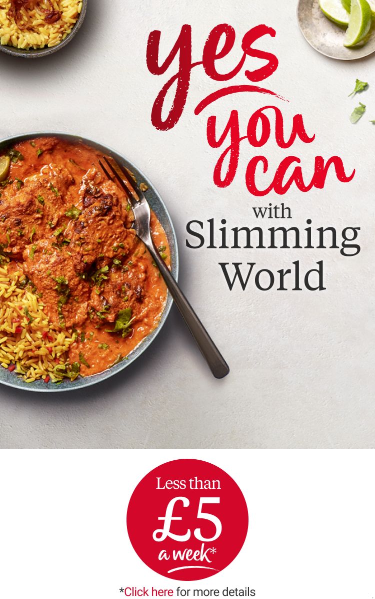 A bowl of chicken tikka masala, with a title of yes you can with Slimming World.