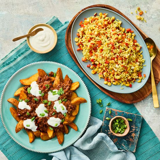 Chilli-loaded wedges with cowboy rice salad