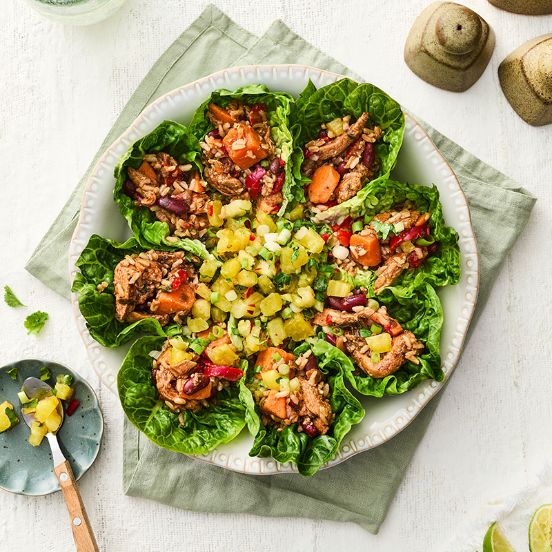 Jerk chicken lettuce cups with pineapple and chilli salsa