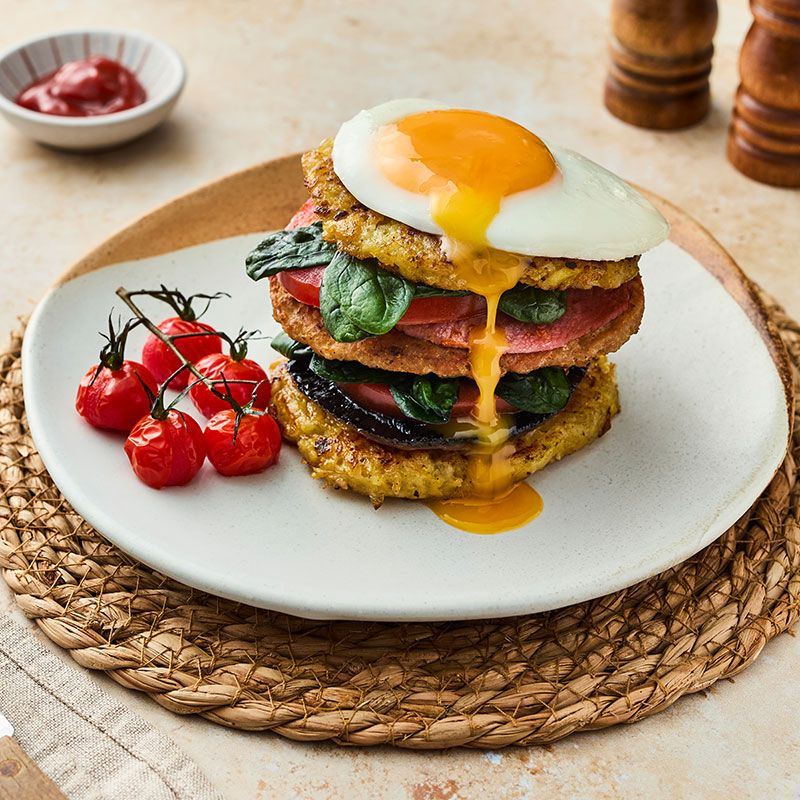 Bacon sausage egg and hash brown stacks