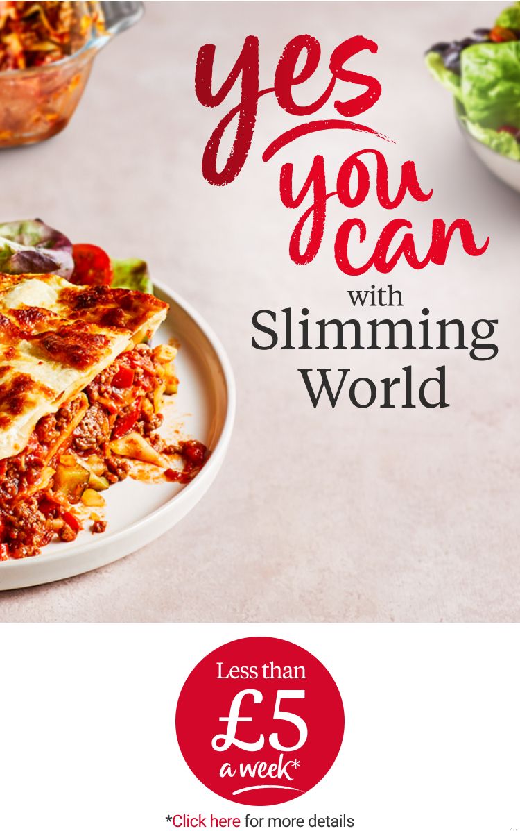 A plate of lasagne and salad, with a title of ‘yes you can with Slimming World’.