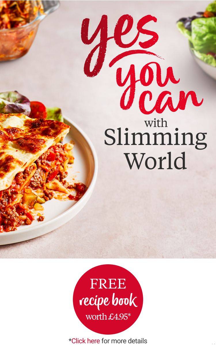 A plate of lasagne and salad, with a title of ‘yes you can with Slimming World’.