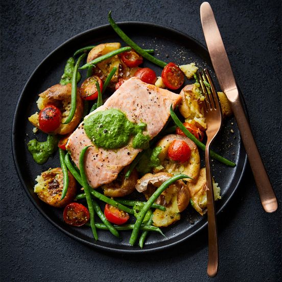 Salmon and smashed potatoes