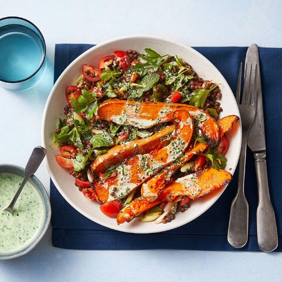 Squash and lentil salad with herby yoghurt