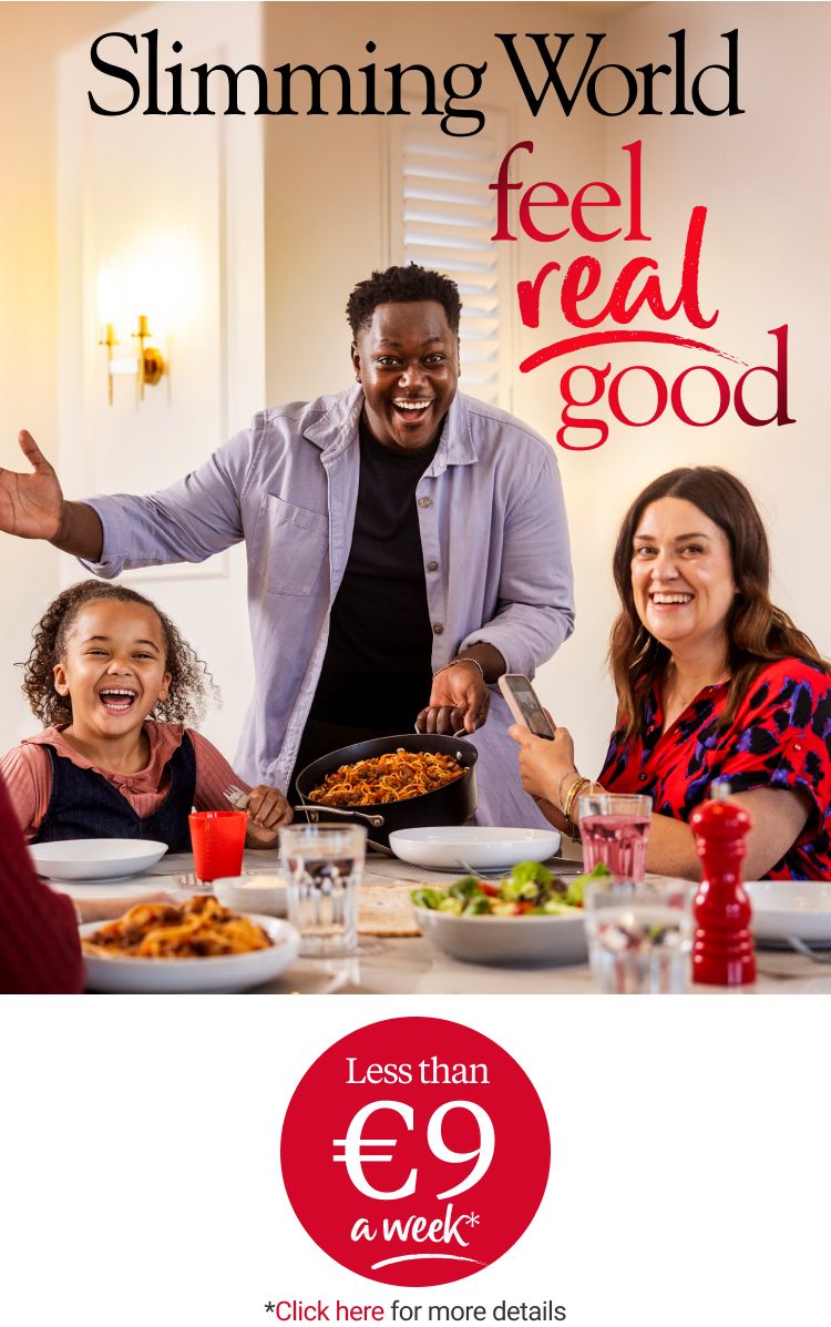A family eating spaghetti bolognese, with a title of ‘feel real good’.