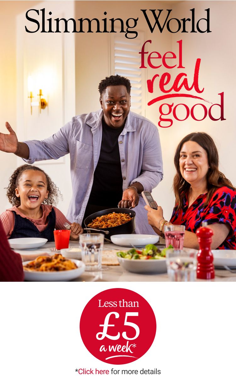 A family eating spaghetti bolognese, with a title of ‘feel real good’.