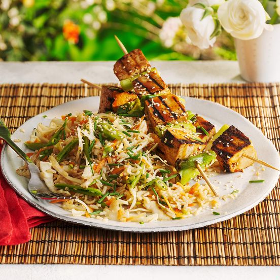 Teriyaki tofu skewers with crunchy rice salad