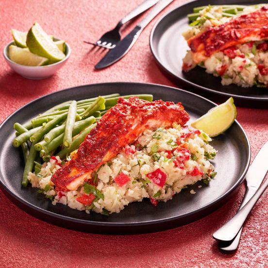 Slimming World spicy salmon with green beans and herby mash