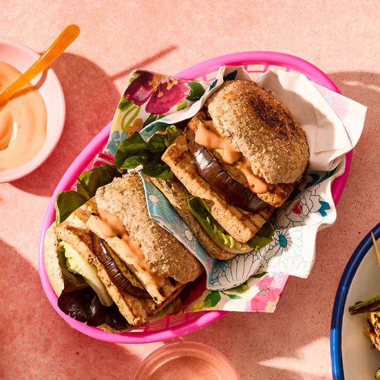 Tofu and aubergine stack burgers