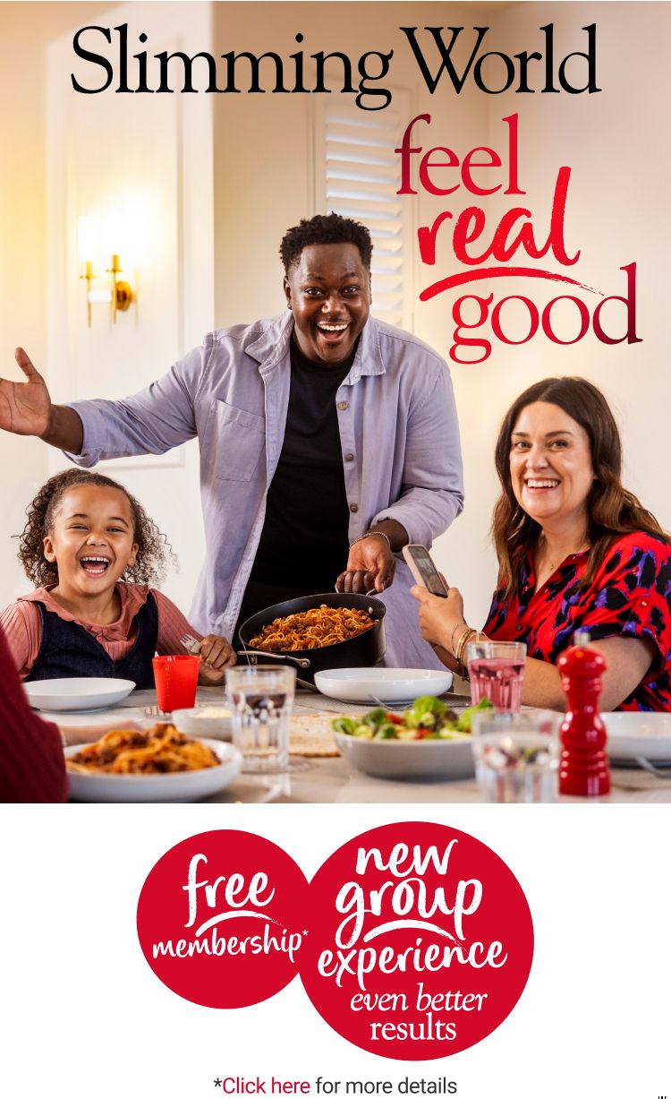 A family eating spaghetti bolognese, with a title of ‘feel real good’.