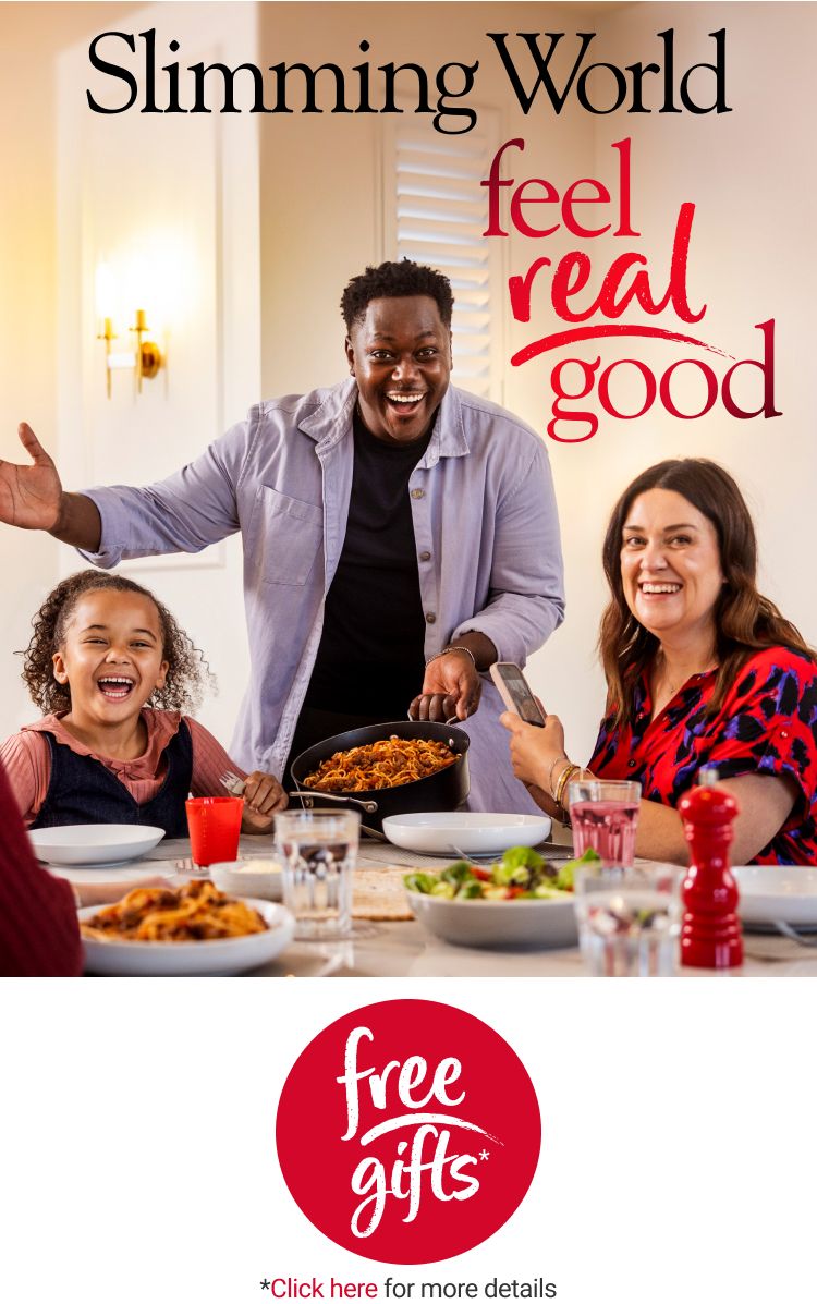 A family eating spaghetti bolognese, with a title of ‘feel real good’.