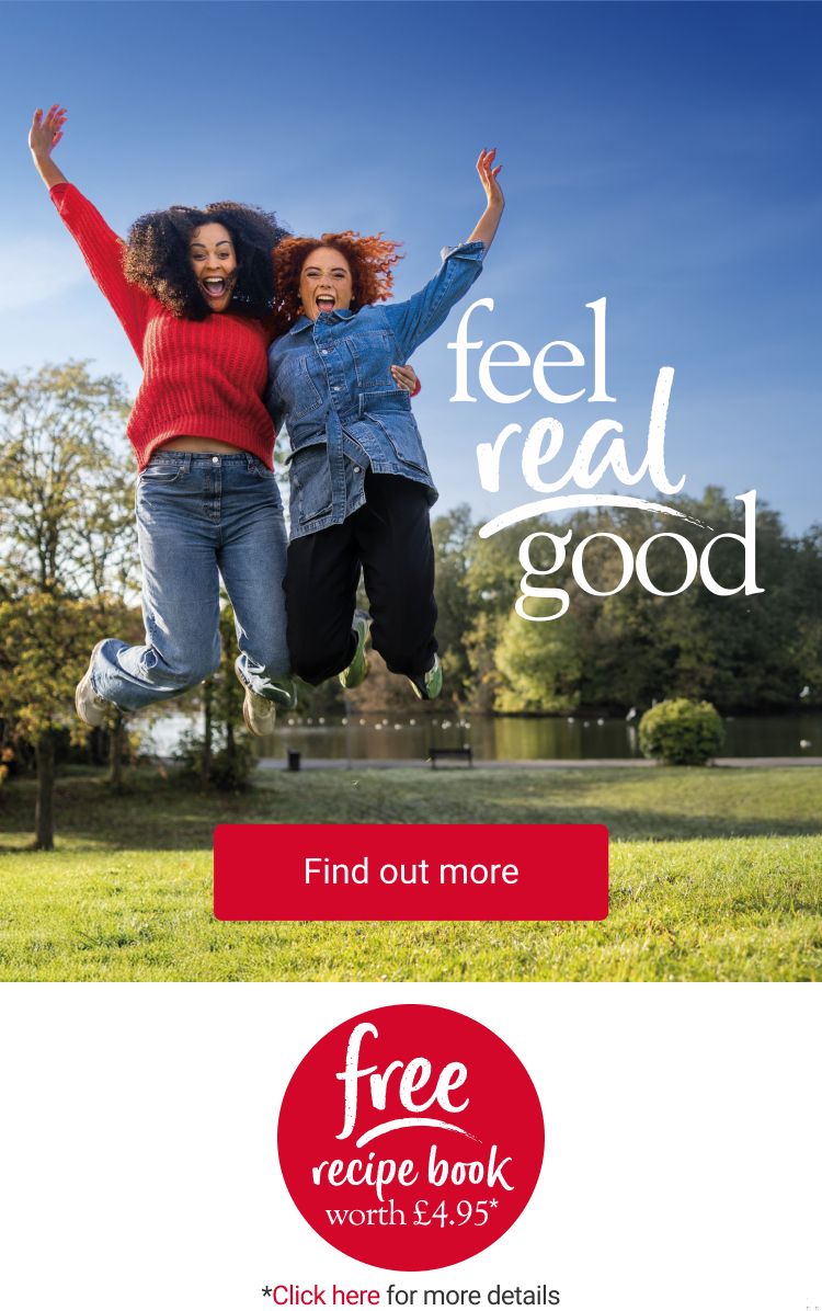 Two women jumping, with a title of ‘feel real good’.