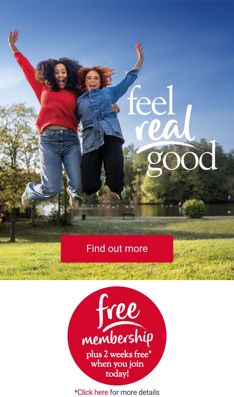 Two women jumping, with a title of ‘feel real good’.