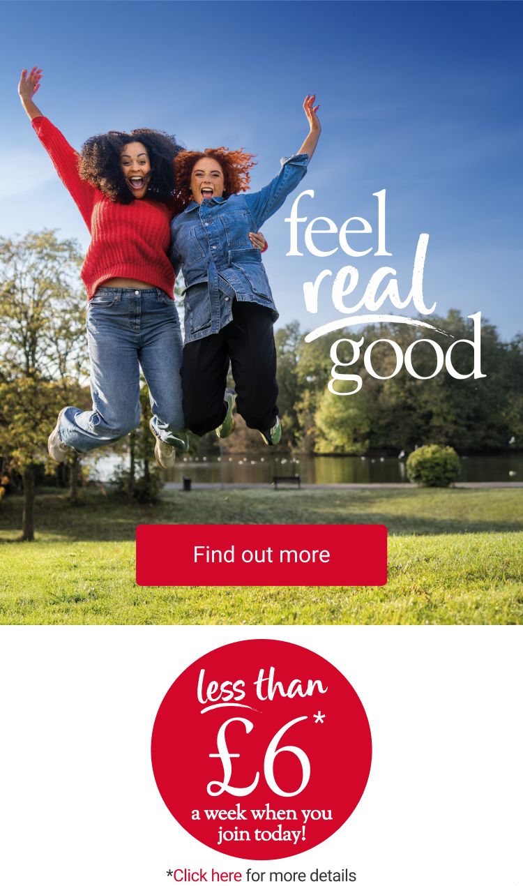 Two women jumping, with a title of ‘feel real good’.