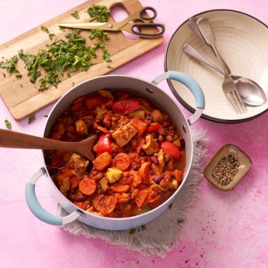 Smoky chicken and three bean braise