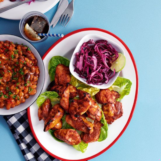 Buffalo chicken with Boston baked beans