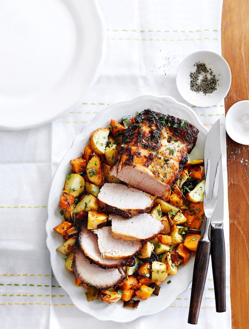 Roast lemon and mustard pork with one pan vegetables