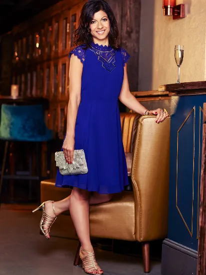 Royal blue dress with gold outlet shoes